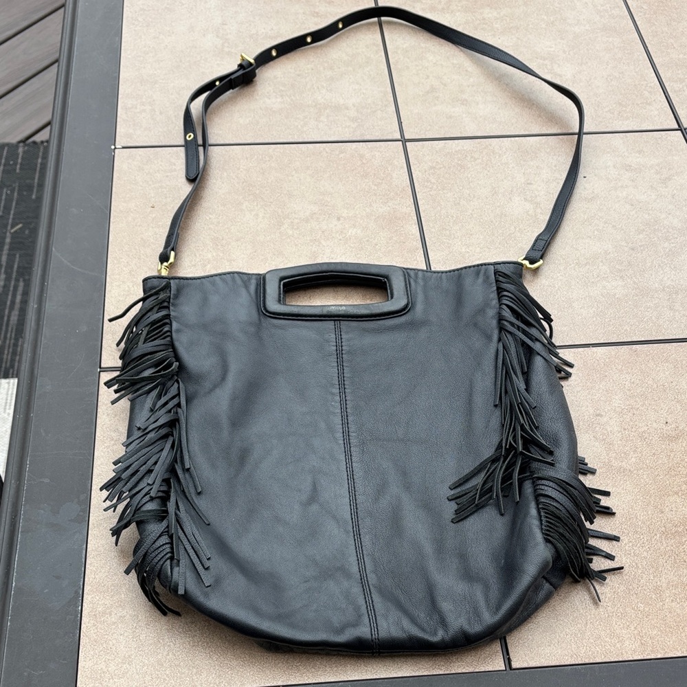 Maje Ladies Black Leather Fringe with Top Handle/Cross Body Bag